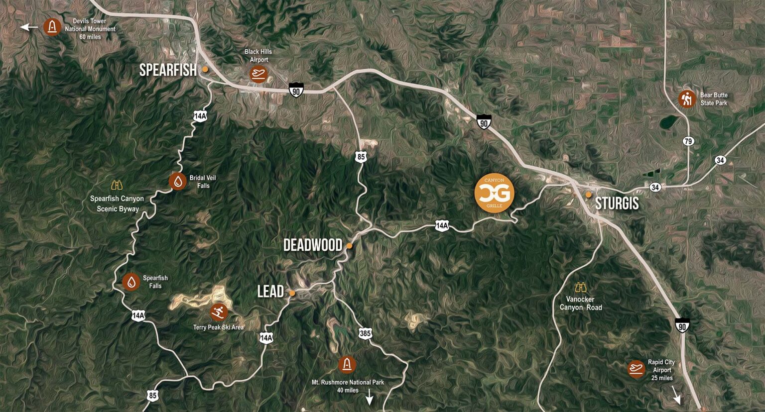 A stylized map showing where the Deadwood SD restaurant is